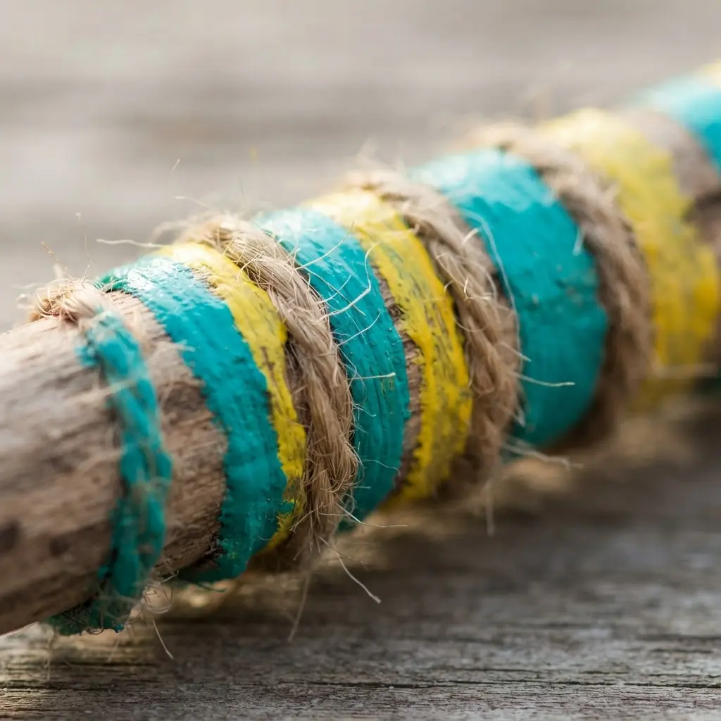 A decorated stick painted with colorful stripes and wrapped with twine.