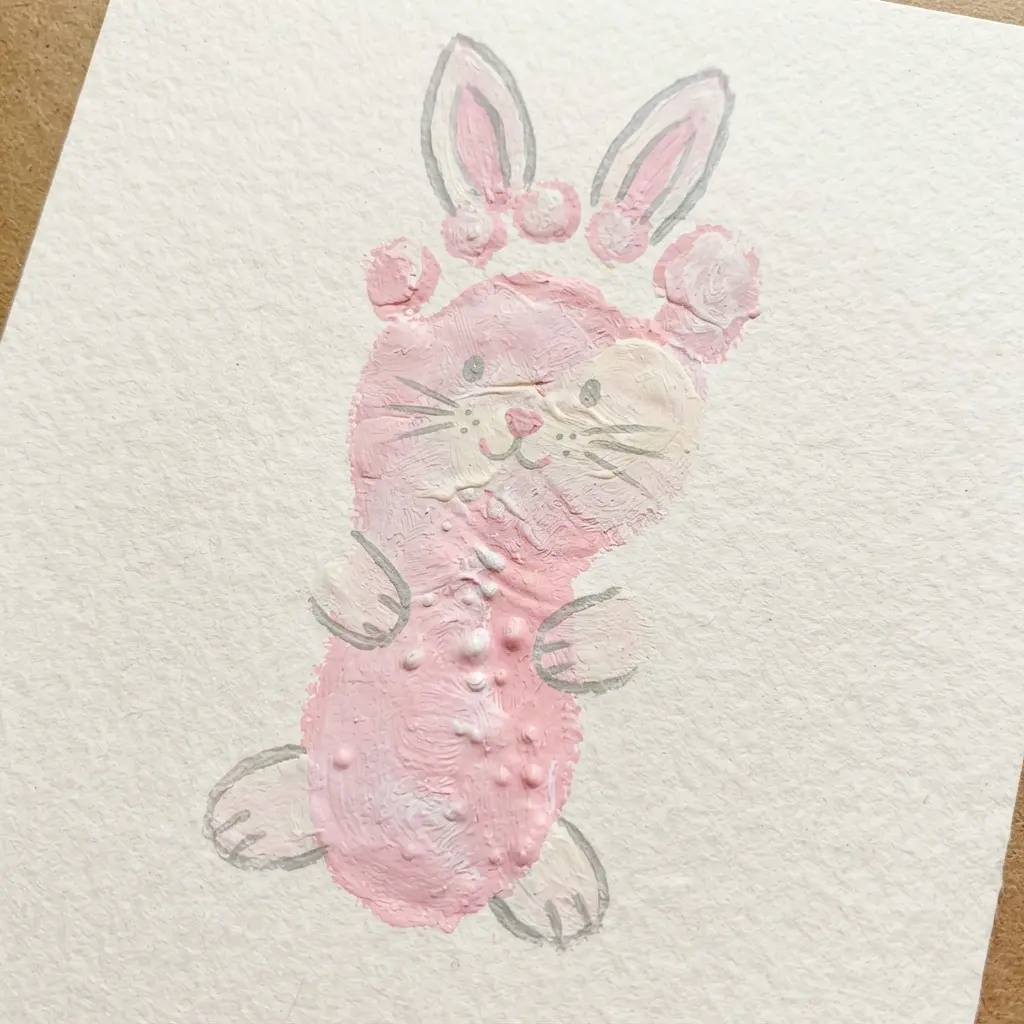 A keepsake painting where a child's footprint is transformed into a bunny.