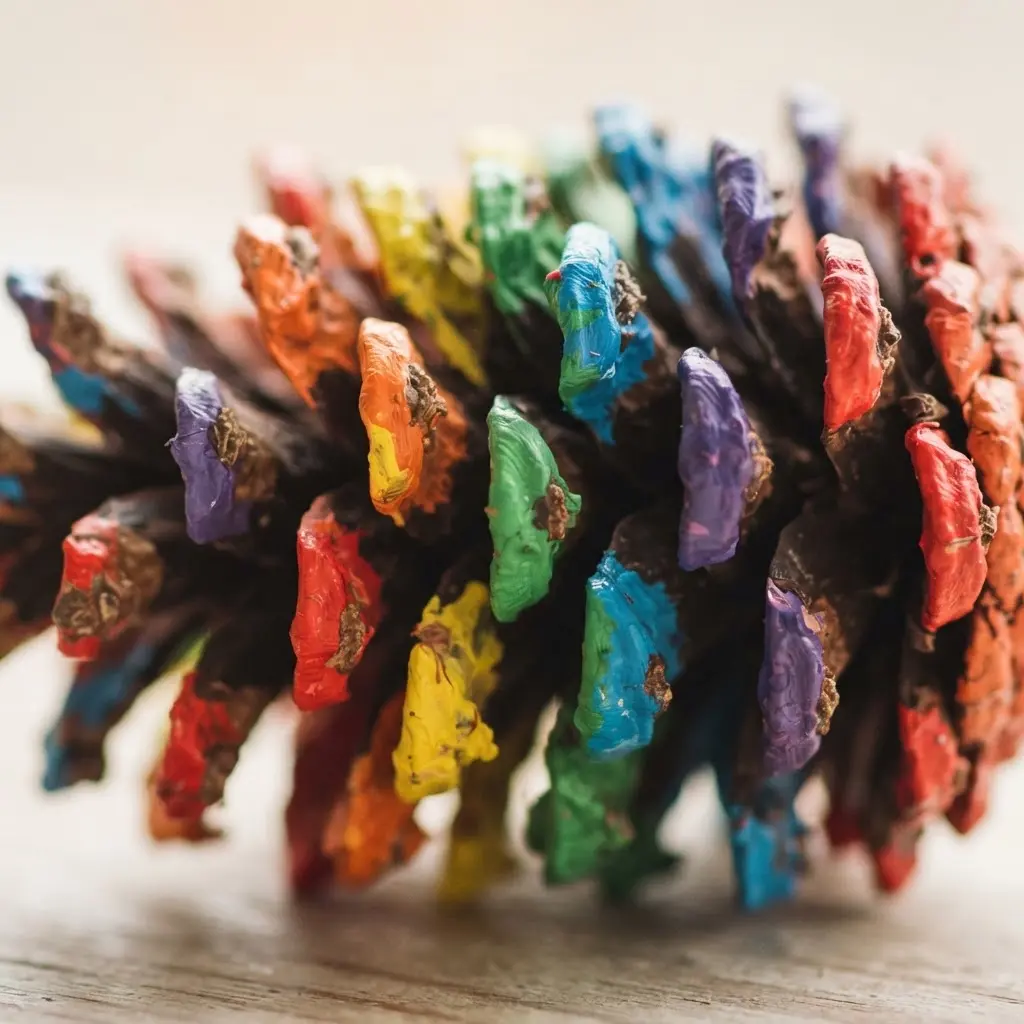 A colorful ornament made by painting a pinecone with rainbow stripes.