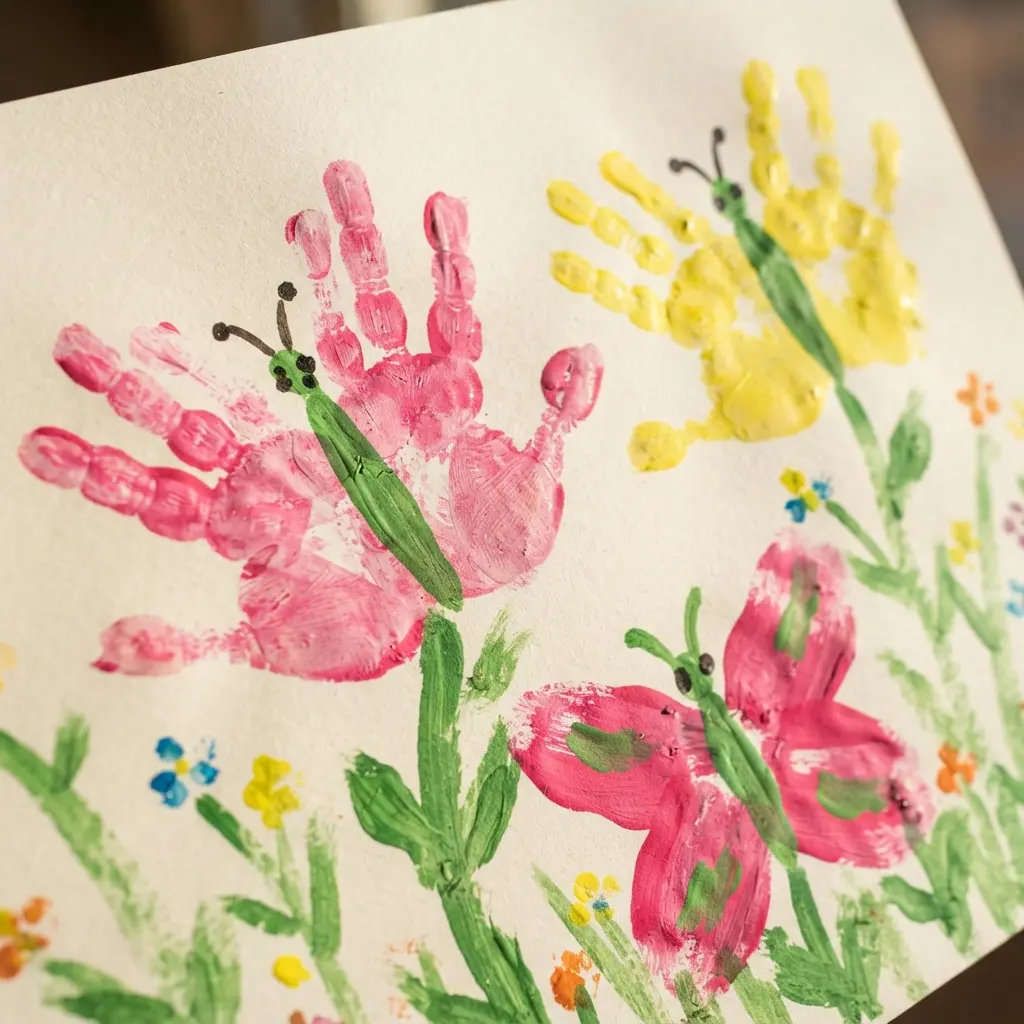 A simple painting idea where a child's handprints form a bright butterfly.