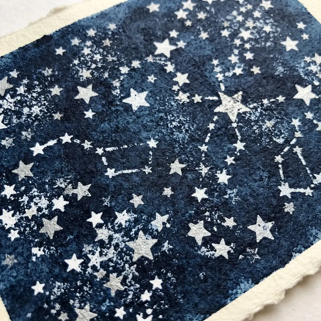 Kids art project showing a sponge-painted starry night sky on paper.
