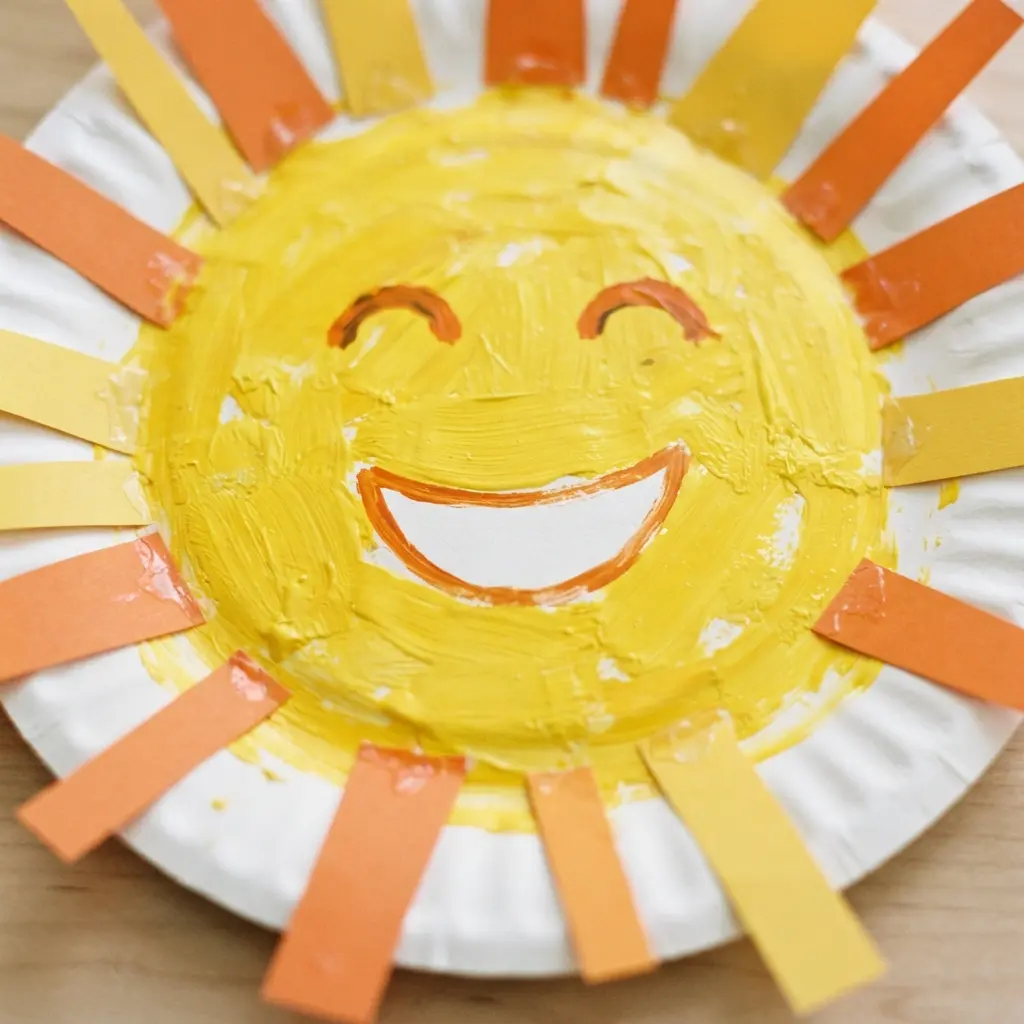 A child wearing a cheerful sun mask made from a painted paper plate.