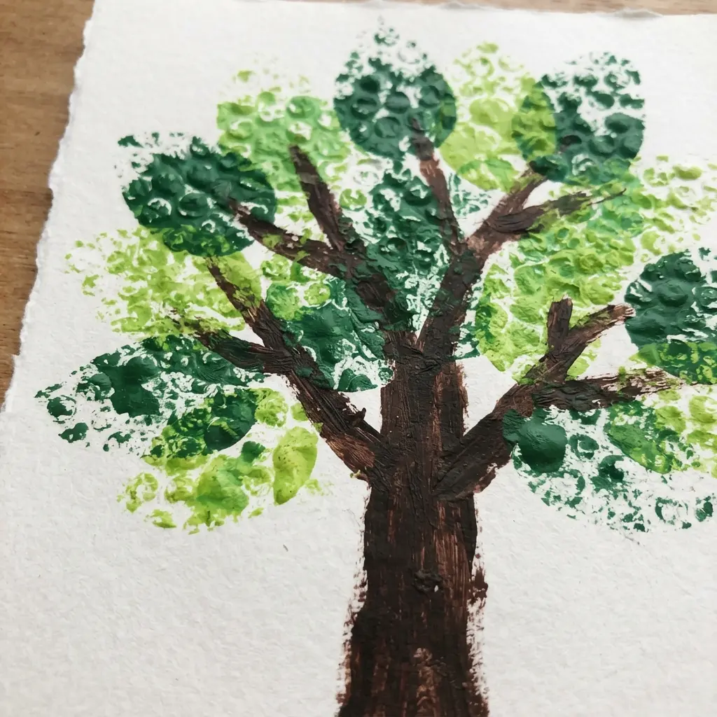 Simple art project using bubble wrap to stamp a textured tree canopy.