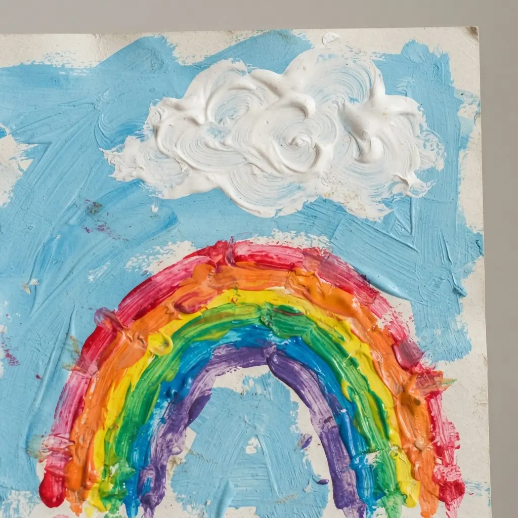 Bright finger painting of a rainbow emerging from a cloud on paper.