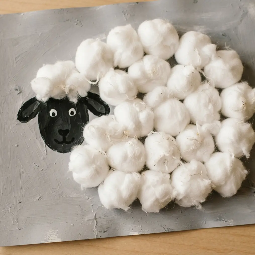 A textured painting of a sheep using cotton balls for fluffy wool.