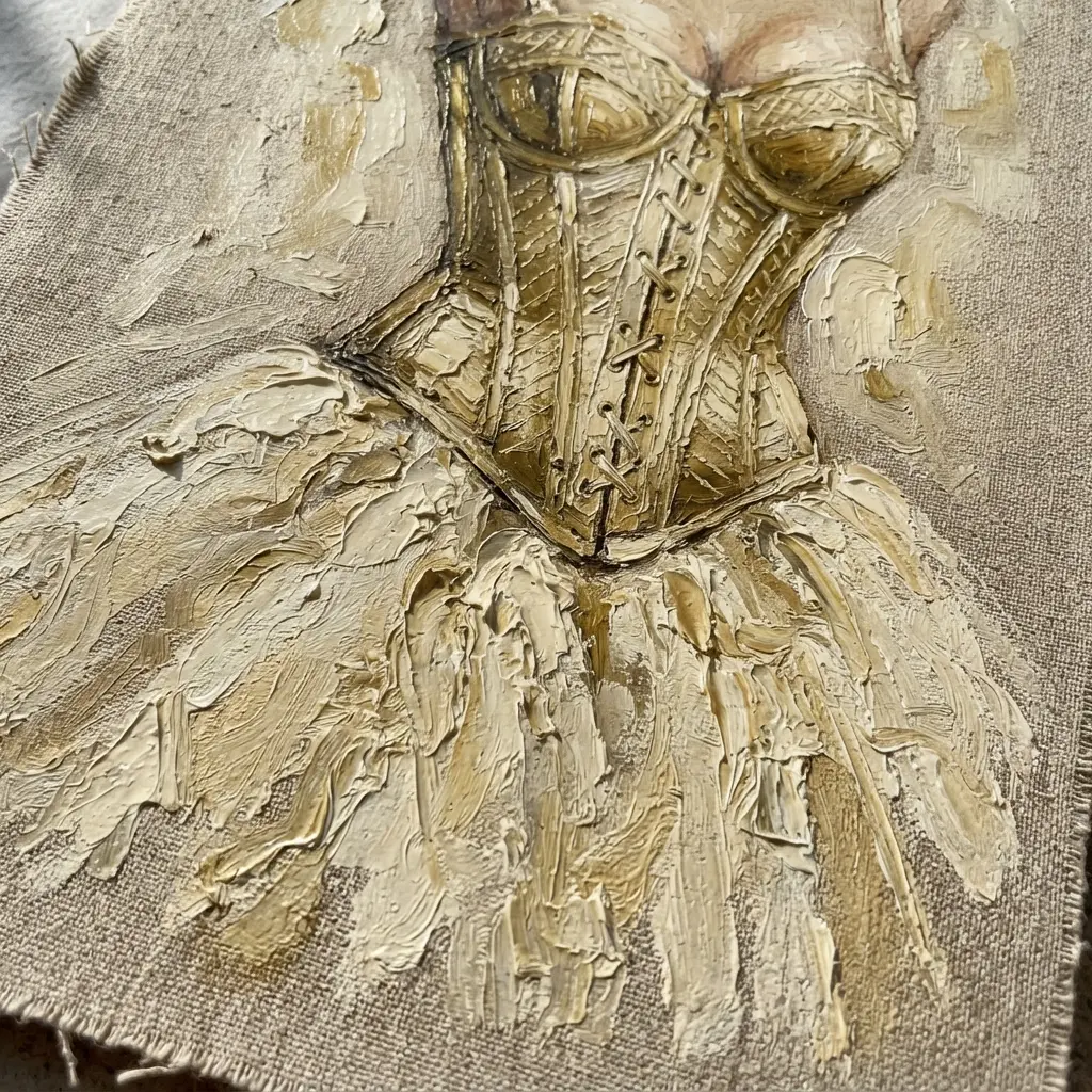 A ball gown featuring a structured, lace-up vintage corset bodice and a voluminous tulle skirt.