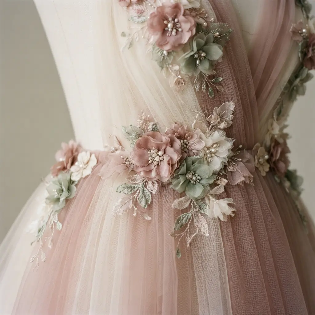 Close-up of a tulle ball gown waist decorated with scattered floral fabric appliques.
