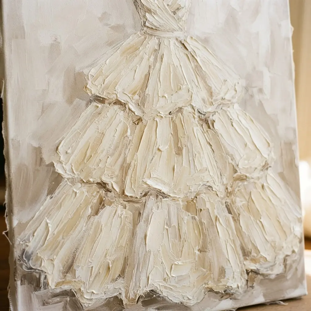A voluminous, floor-length tulle ball gown constructed with several distinct horizontal tiers.
