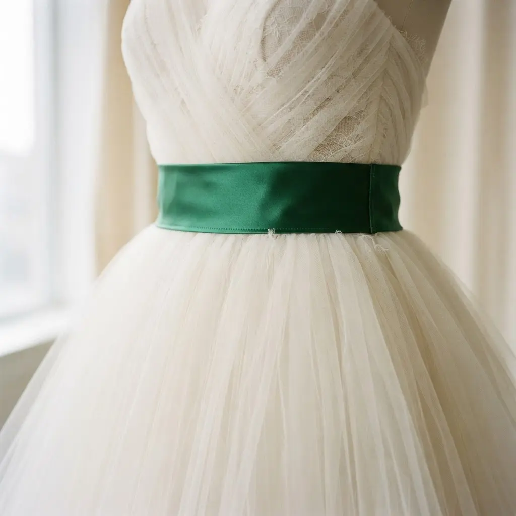 A tulle ball gown where the waist is accentuated by a broad, contrasting satin ribbon.