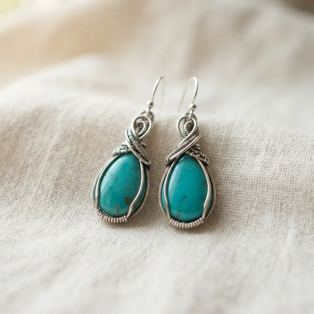 A pair of simple turquoise teardrop earrings with a clean silver wire wrap and ear wires.