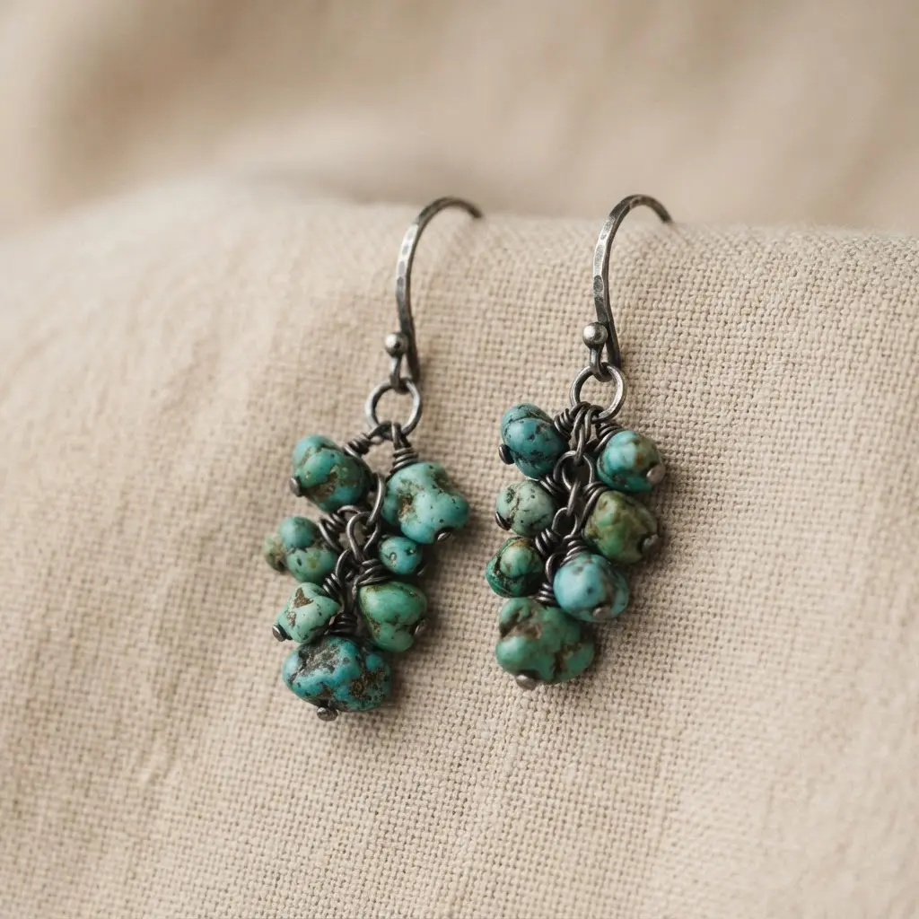 A pair of dangle earrings with multiple raw, textured turquoise nuggets suspended from silver jump rings.