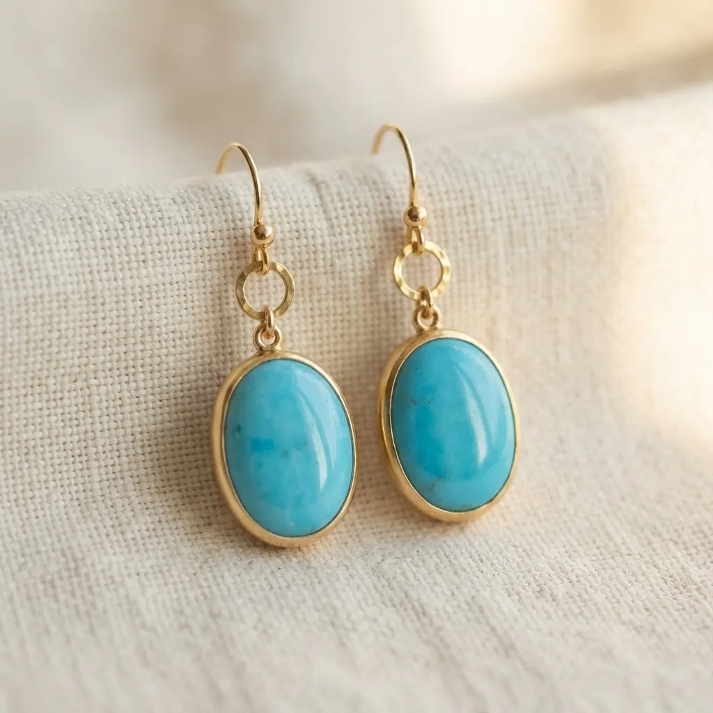 A pair of elegant drop earrings featuring polished oval turquoise stones in simple gold wire settings.