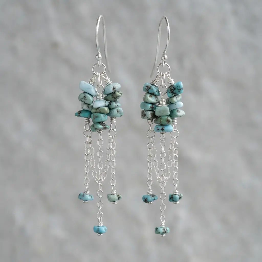 A pair of tiered fringe earrings with multiple rows of small turquoise chips hanging from a sterling silver finding.