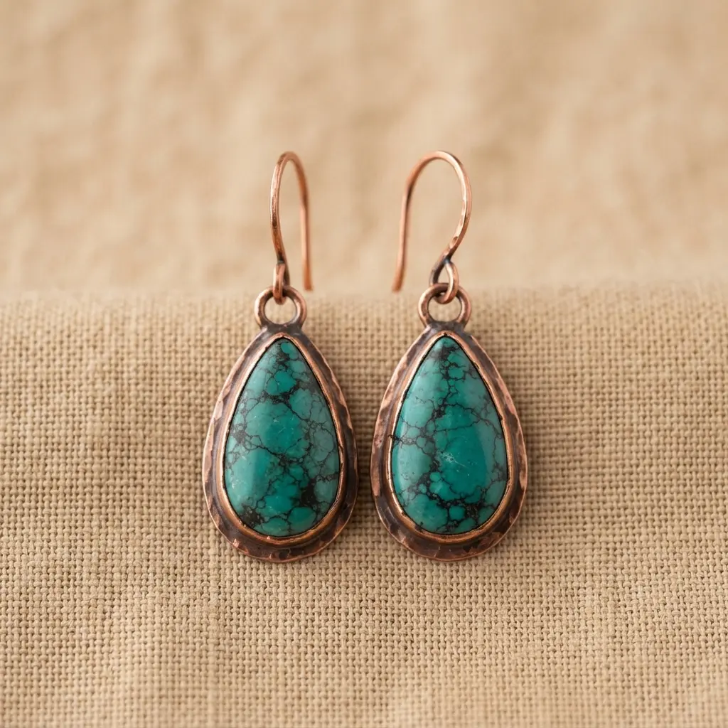 A pair of statement earrings with large turquoise teardrop stones set in textured, oxidized copper bezels.
