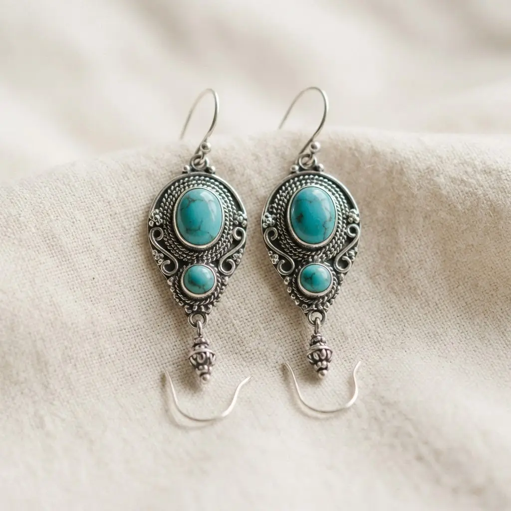 Delicate drop earrings with a detailed Bali silver bead above a small turquoise cabochon.
