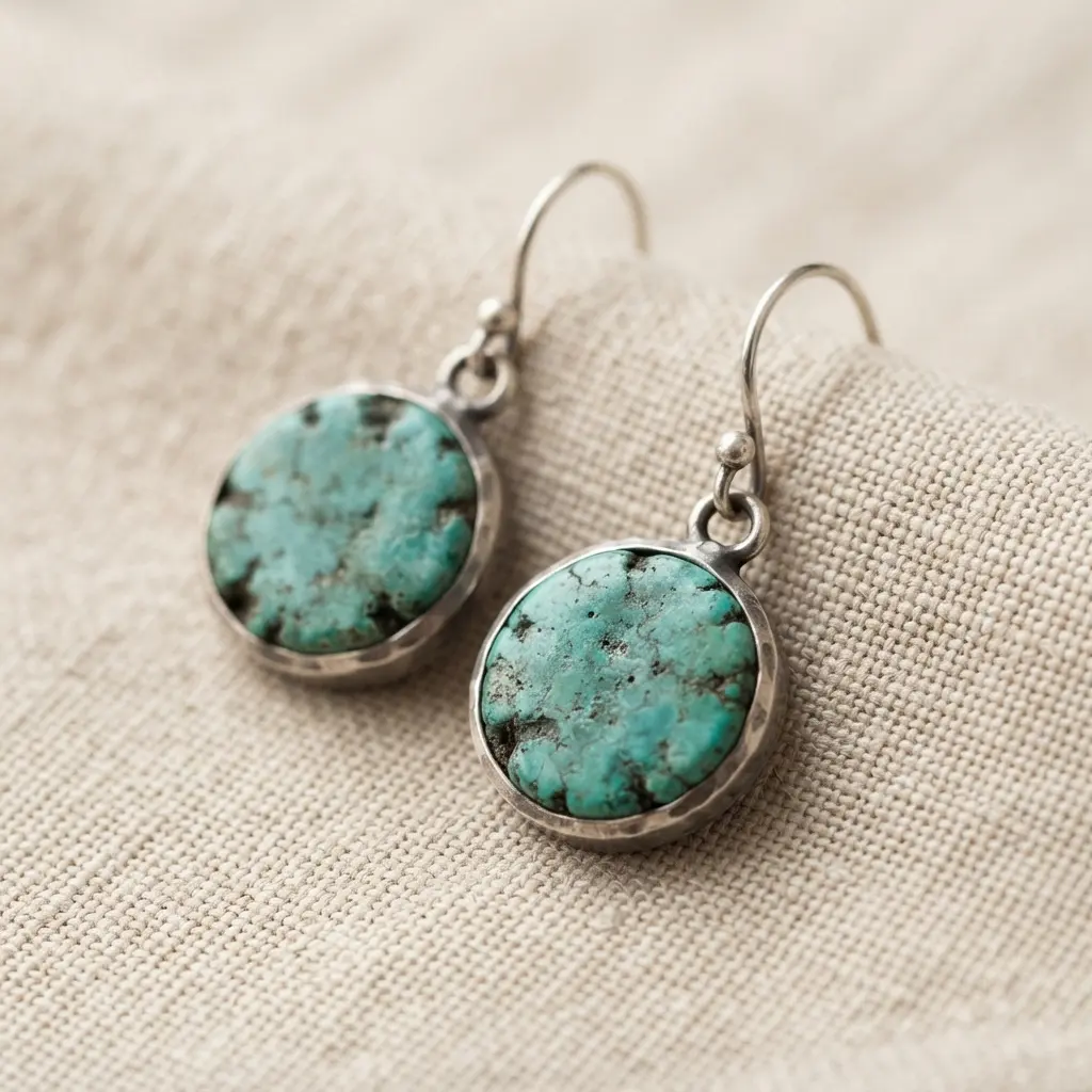 A pair of drop earrings with flat, coin-shaped turquoise stones hanging from a simple silver loop.