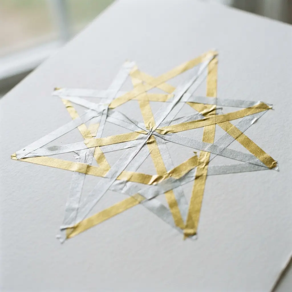 A large silver and gold geometric washi tape star adhered to a light-colored wall.
