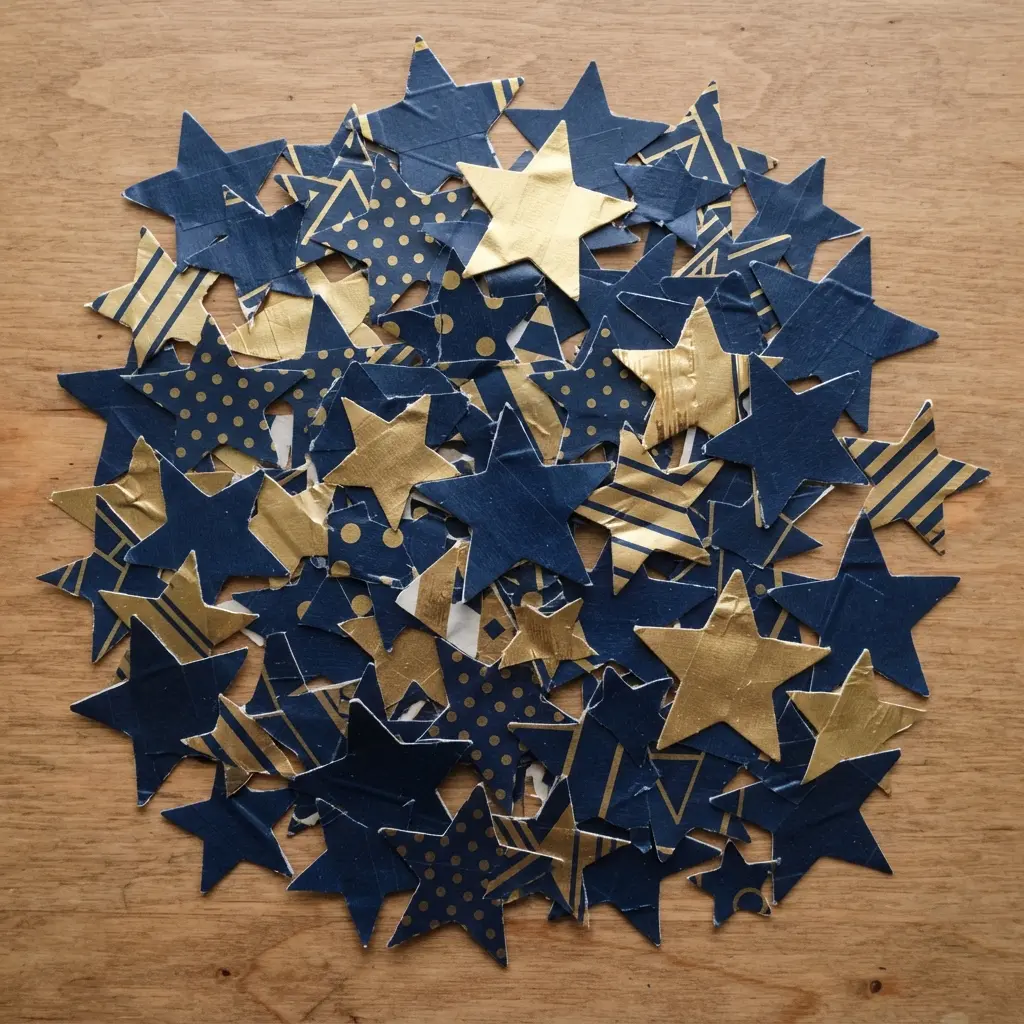 A cluster of stars in varying sizes made from navy blue and metallic gold washi tape.