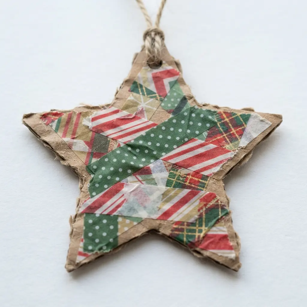 A flat star ornament featuring layered red and green patterned washi tape on a cardboard base.