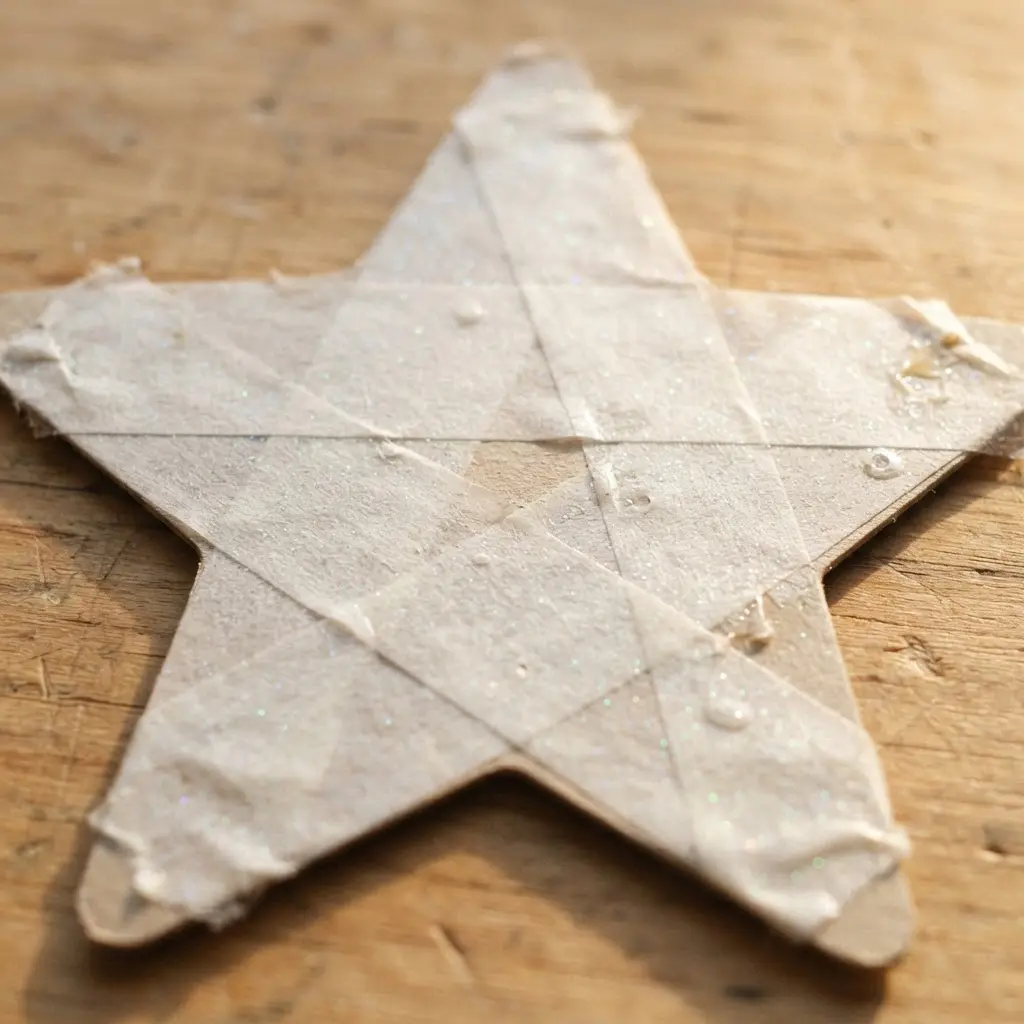 A star crafted from translucent glitter washi tape, catching light on a glass window.
