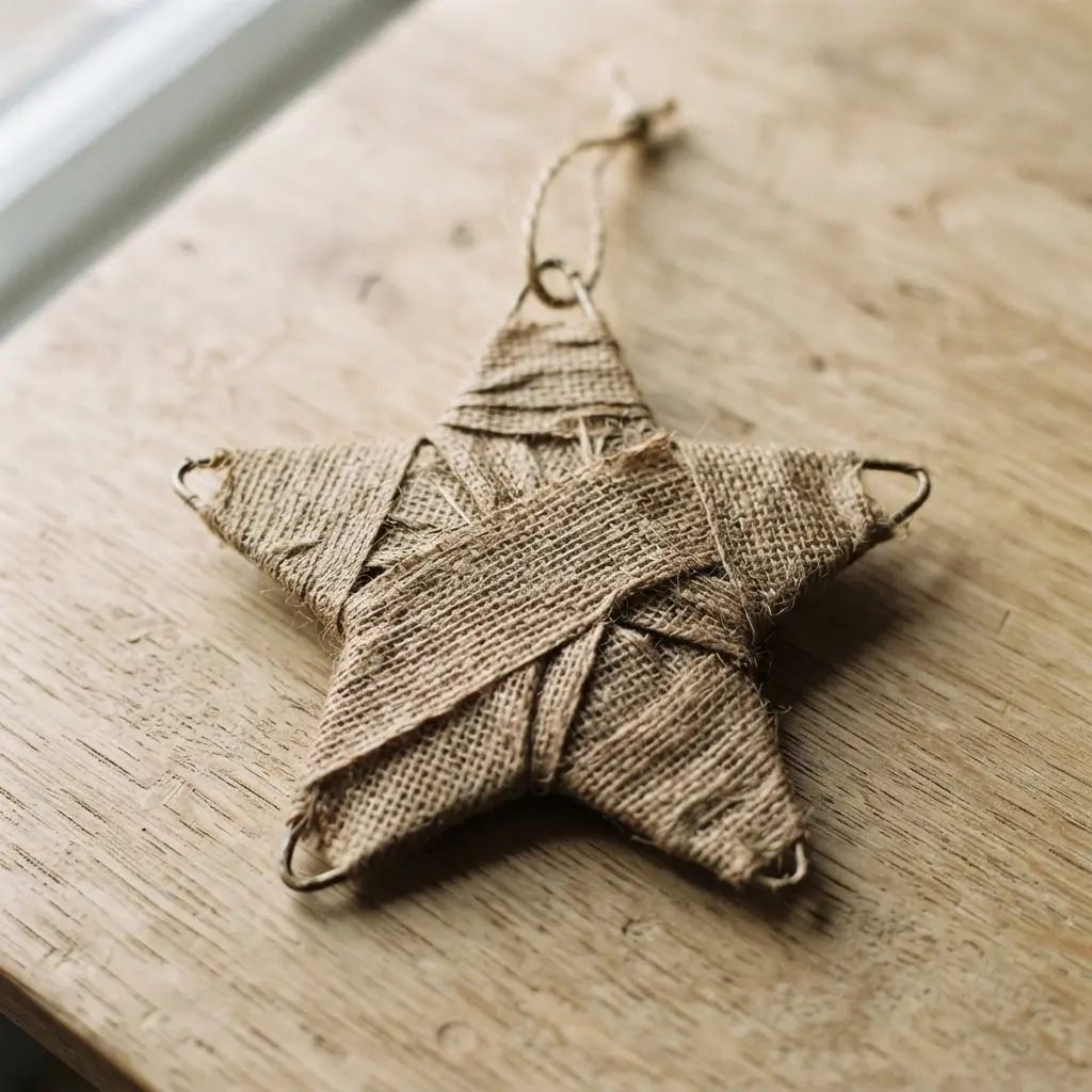 A rustic-looking star made from brown, textured burlap-pattern washi tape.