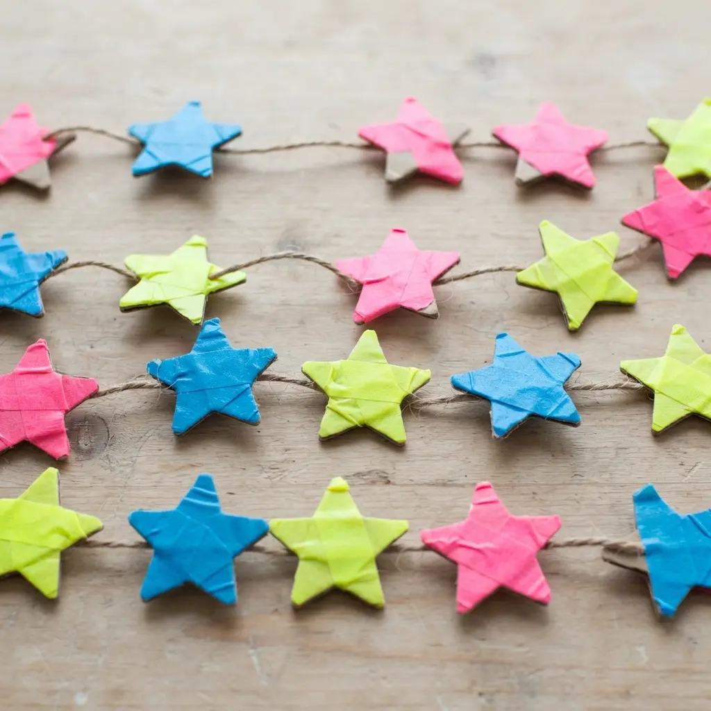 A garland of twine with small, brightly colored neon washi tape stars attached at intervals.