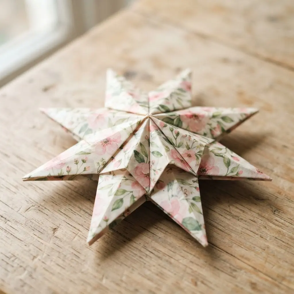 A delicate paper star ornament covered in translucent washi tape with a small floral print.