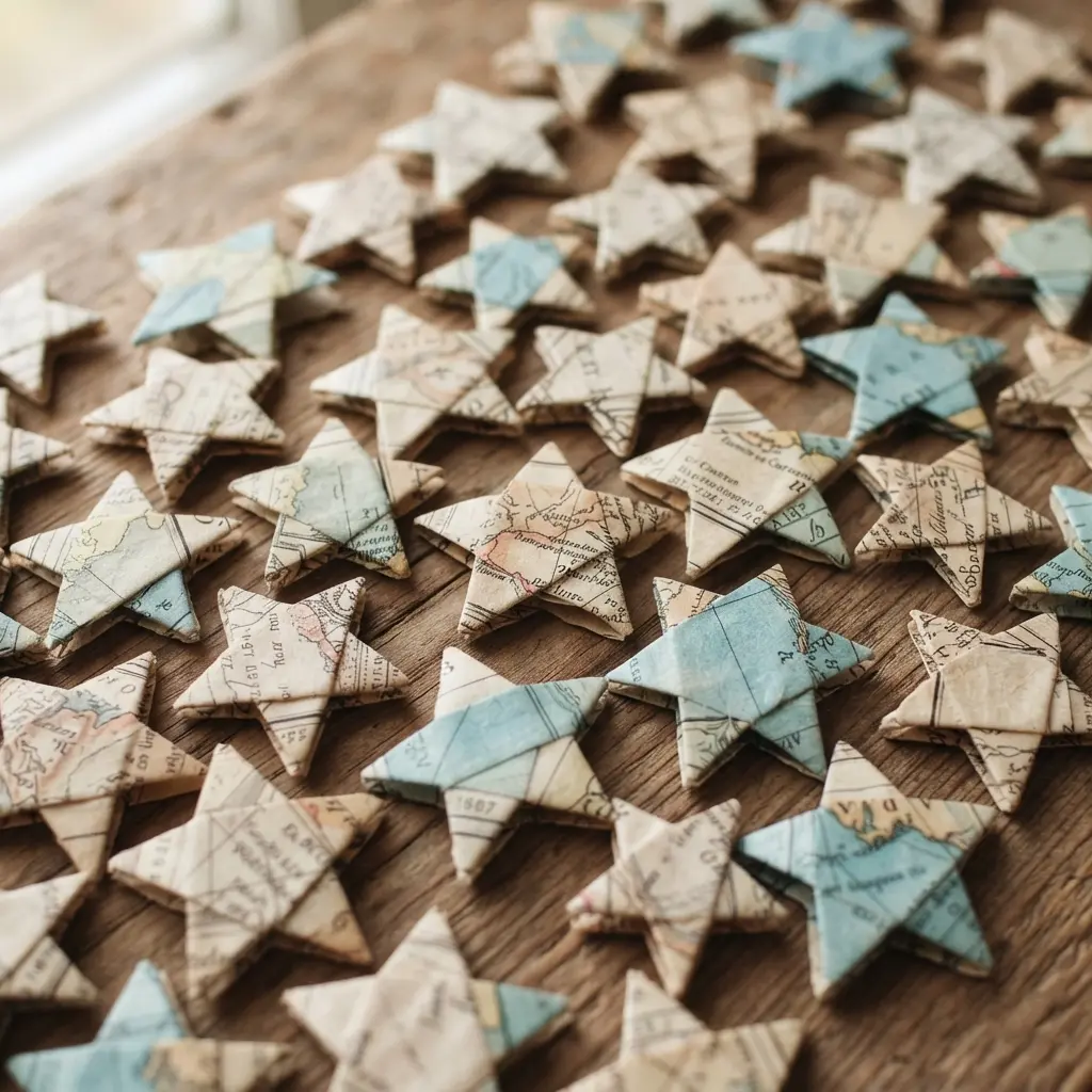 Several small stars made from washi tape printed with vintage-style maps and geographical details.