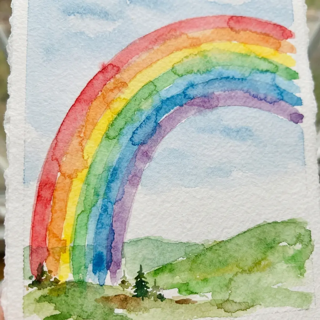 A child's watercolor painting featuring a vibrant rainbow wash over a gentle hill.