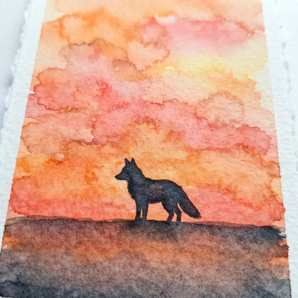 An animal silhouette watercolor painting against a colorful layered sky.