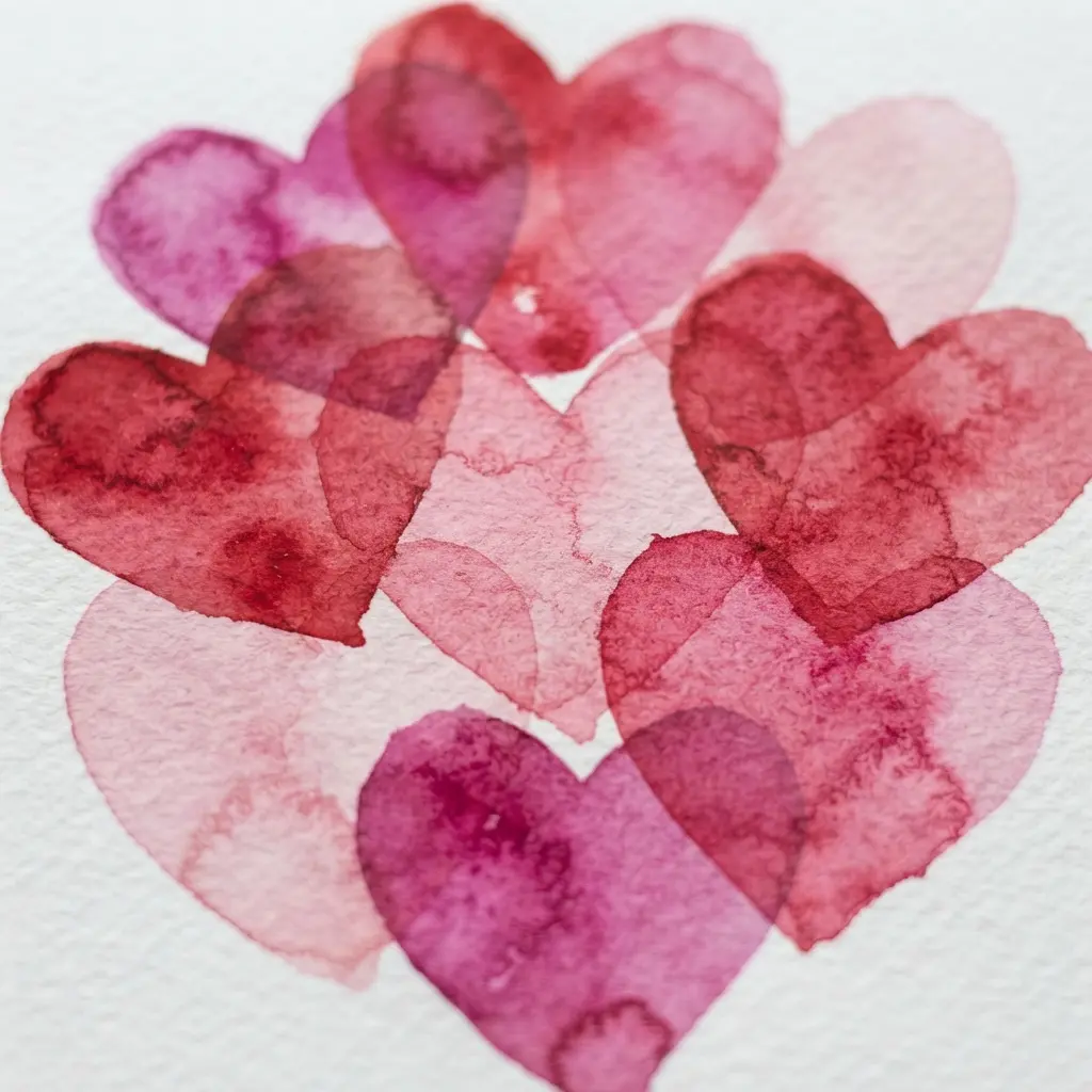 A pattern of blended heart shapes created with wet-on-wet watercolor.