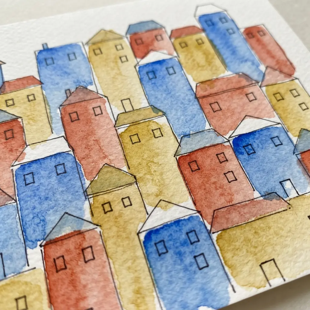 A simple cityscape watercolor painting with outlined building shapes.