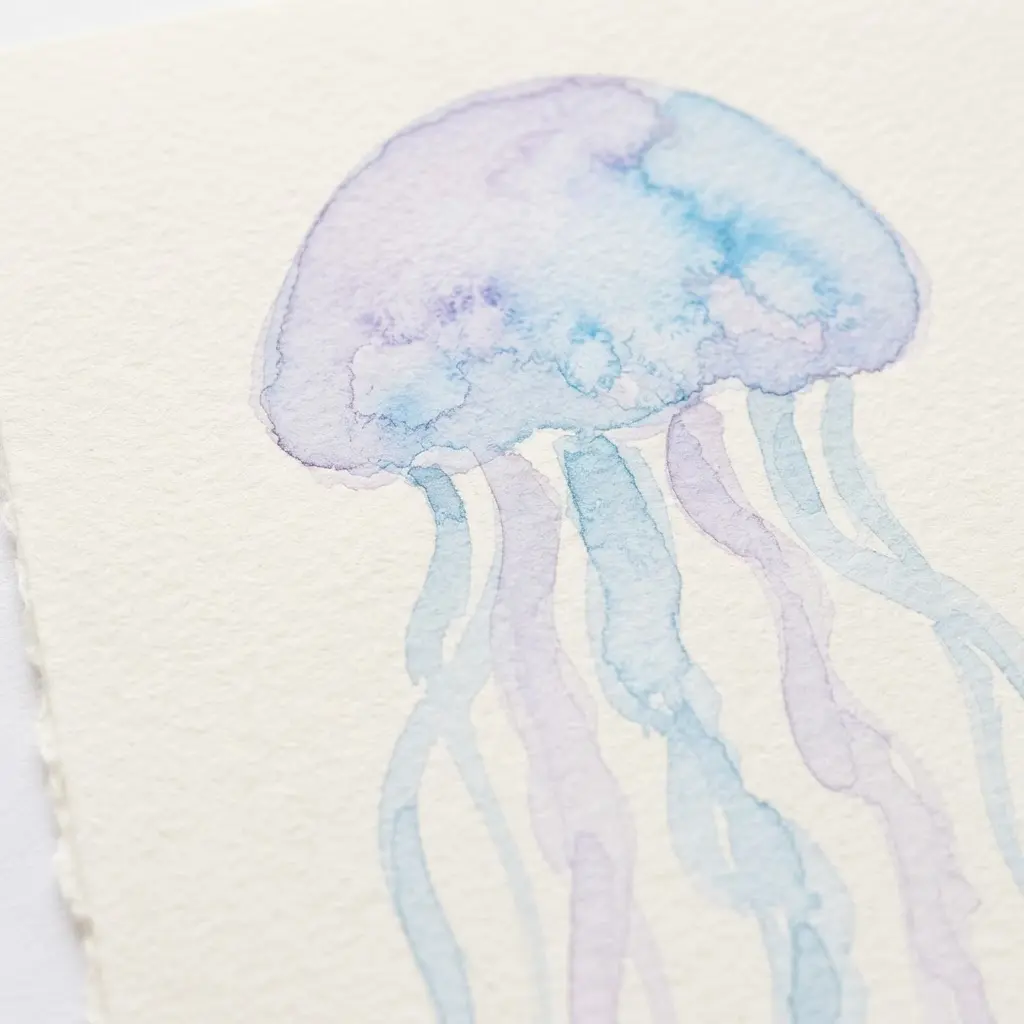 A floating jellyfish painted with watercolor and wavy line details.