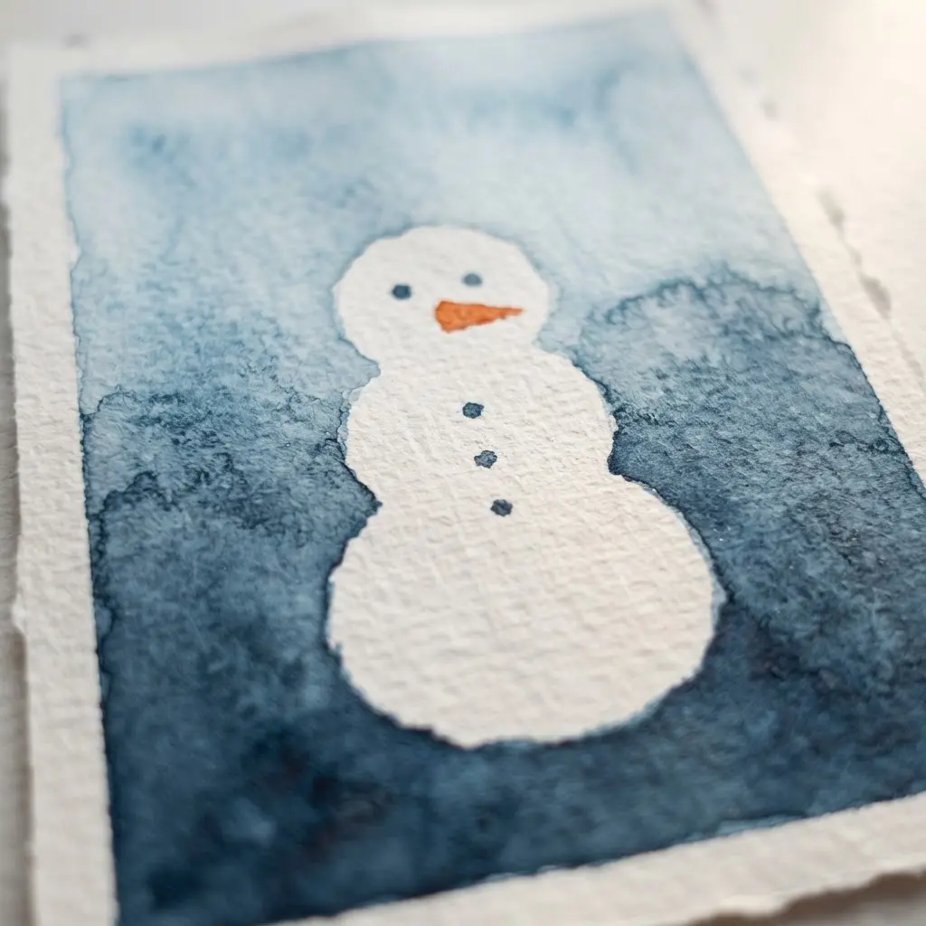 A winter scene watercolor painting using white resist for the snowman.