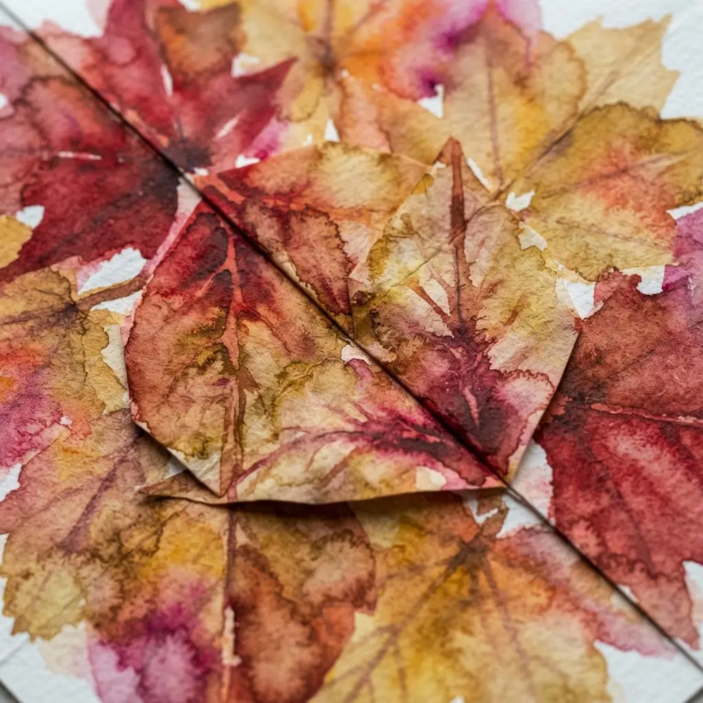 Autumn leaf prints made by folding watercolor-painted paper.