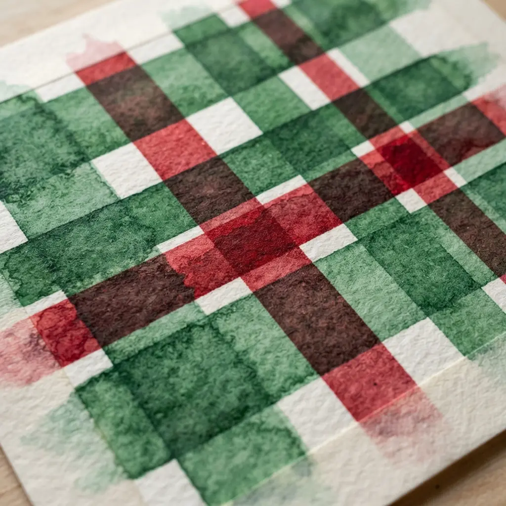 A plaid pattern created with watercolor and a masking tape grid.