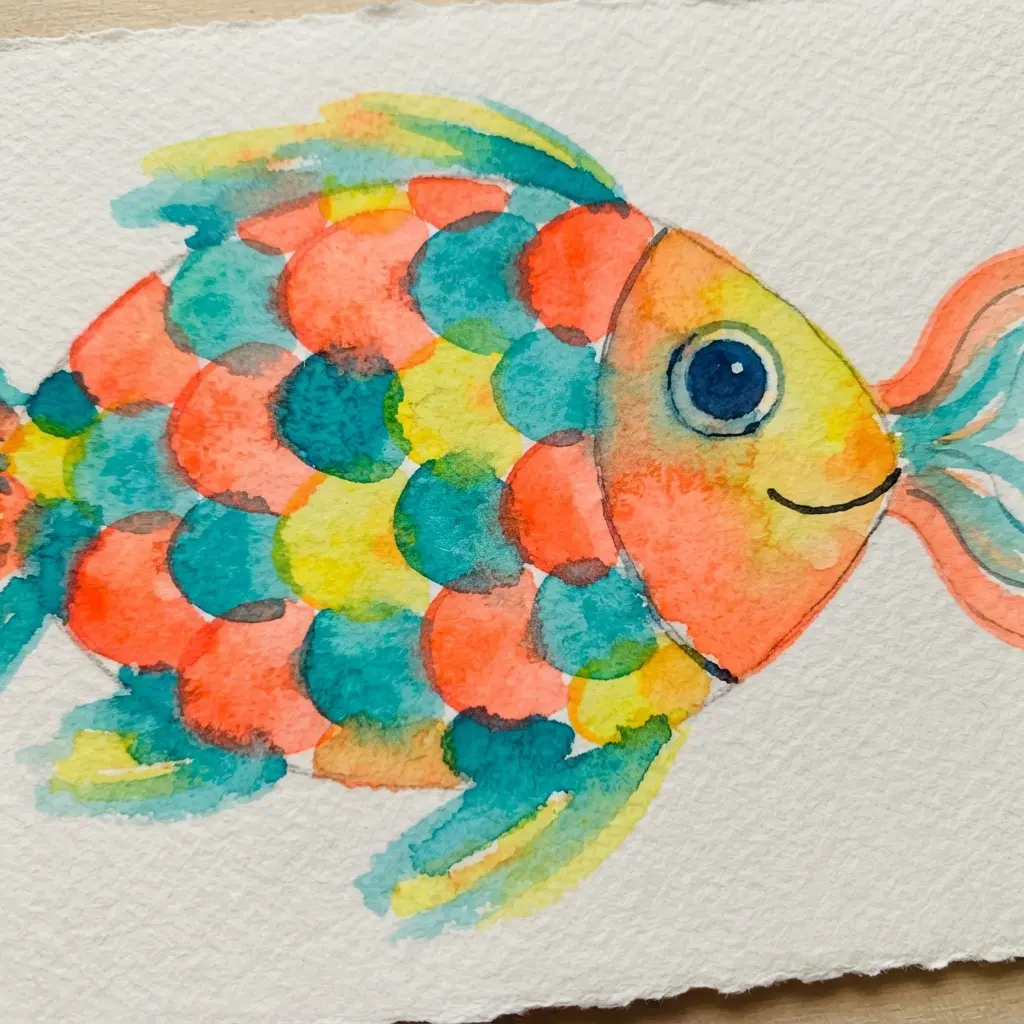 A tropical fish watercolor painting with a simple scale pattern.
