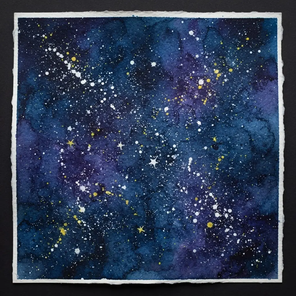 A galaxy night sky painted with watercolor and splatter technique stars.