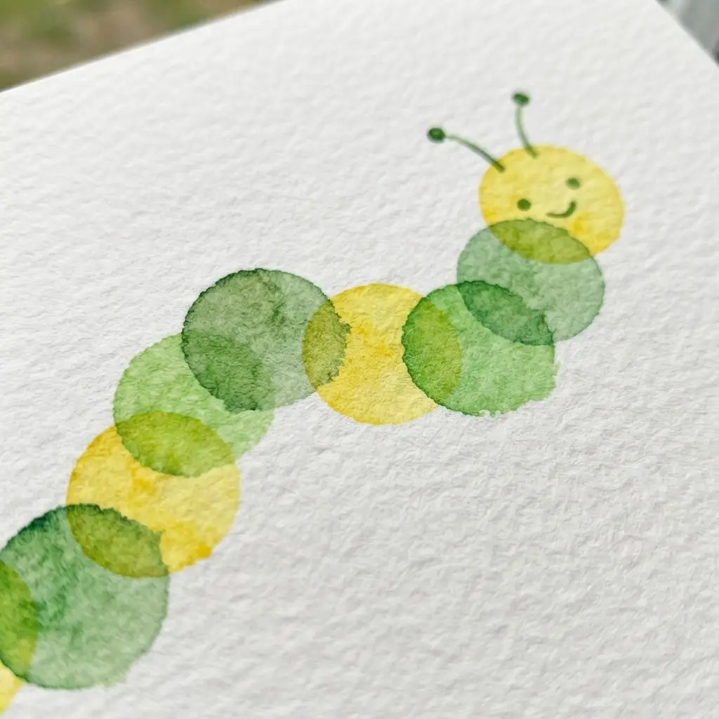 A caterpillar stamped from circles using watercolor paint.