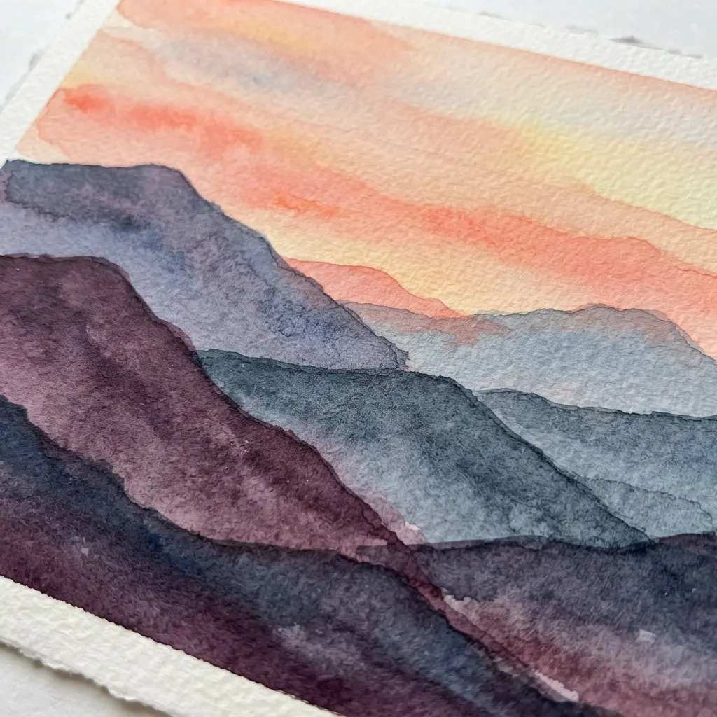 A mountain range painted with layered watercolor washes.