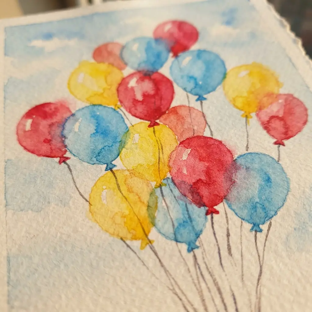 A simple illustration of floating balloons, a fun watercolor painting idea.