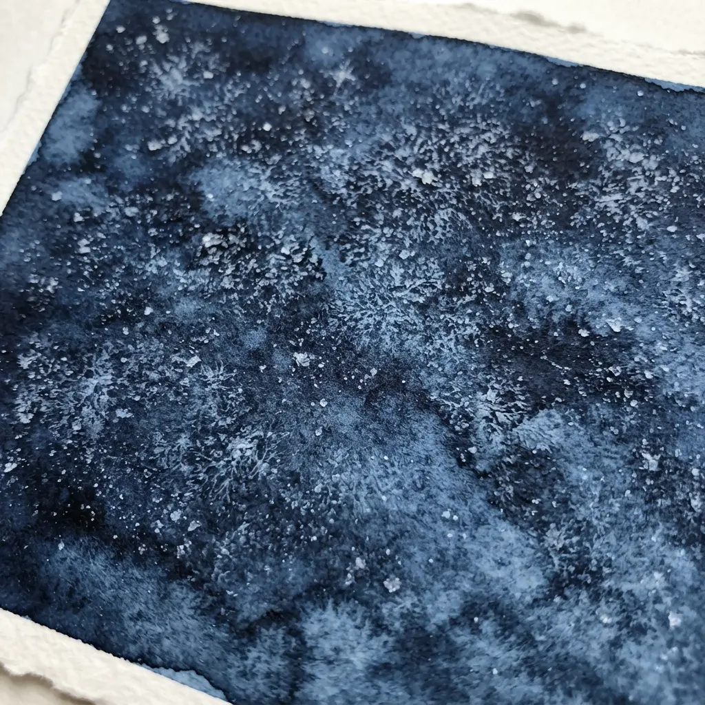 A night sky watercolor painting with salt creating a sparkling, textured starfield.