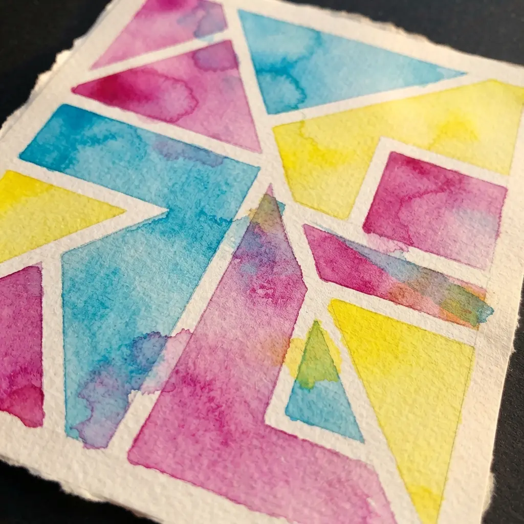 An abstract geometric pattern made with the tape resist watercolor technique.