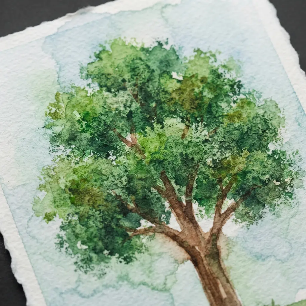 A summer tree painted with watercolor using a sponge to create dotted leaves.