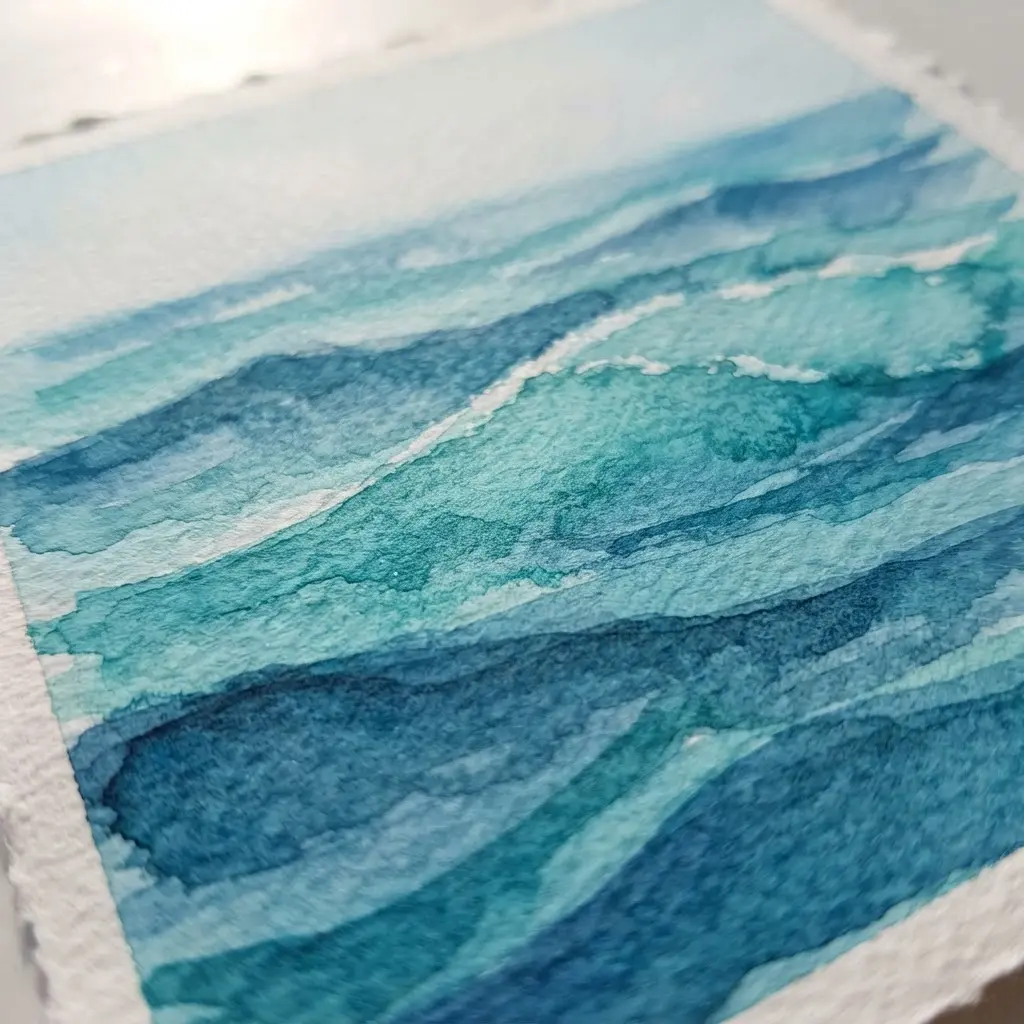 Easy watercolor painting of ocean waves using layered blue washes.