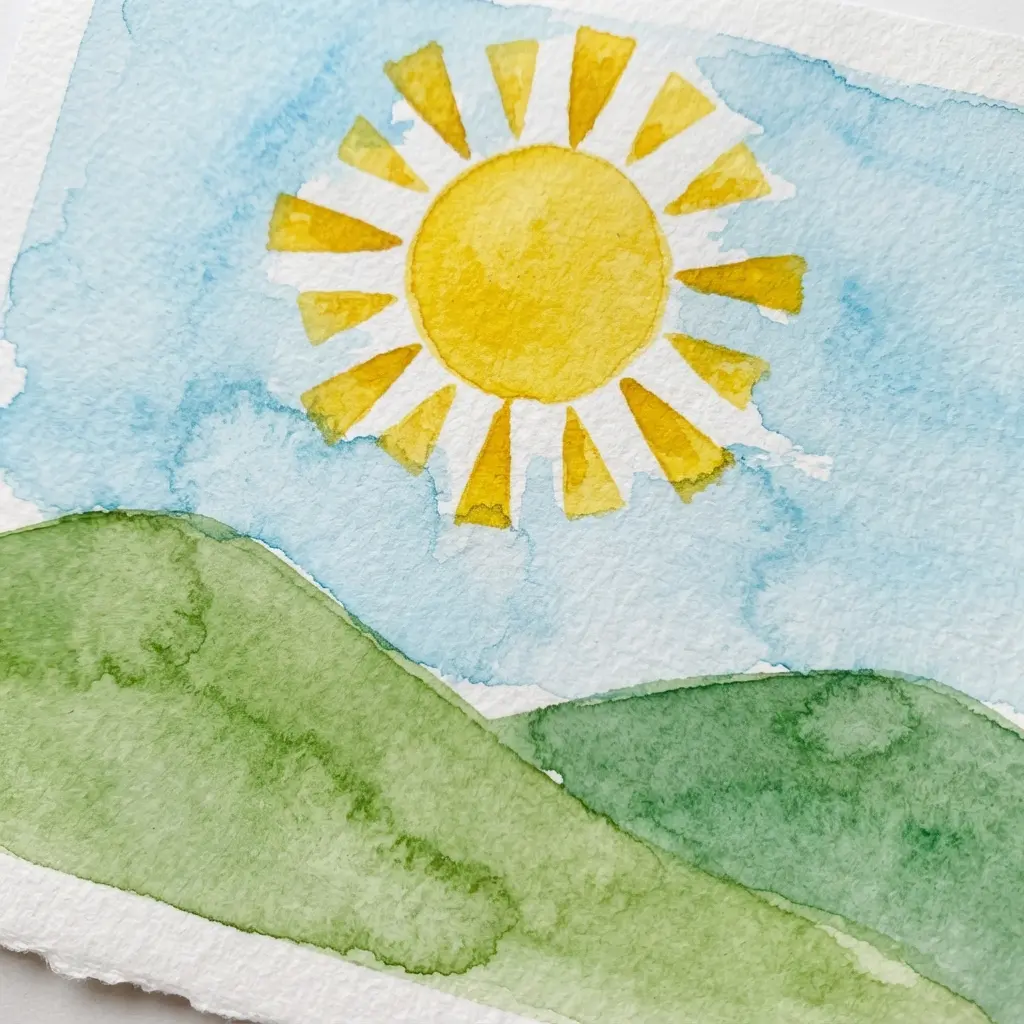 A bright landscape painting with a yellow sun in a watercolor sky.