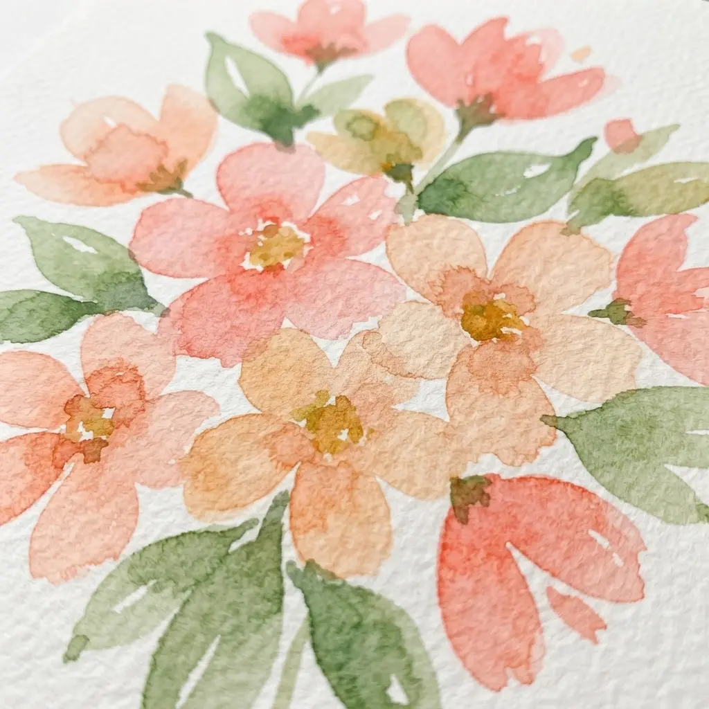 Simple garden flowers painted with watercolor using teardrop-shaped petals.