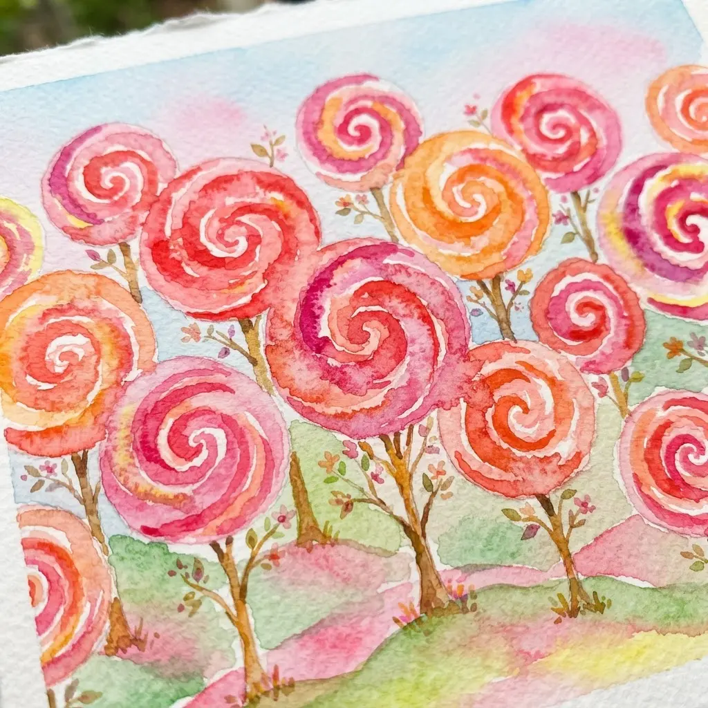 A cheerful orchard where tree canopies are painted as giant, swirled watercolor lollipops in a candy land setting.