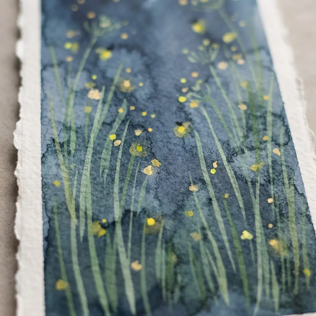 A simple meadow scene at dusk, with wobbly watercolor grass lines and tiny yellow dots for glowing cartoon fireflies.