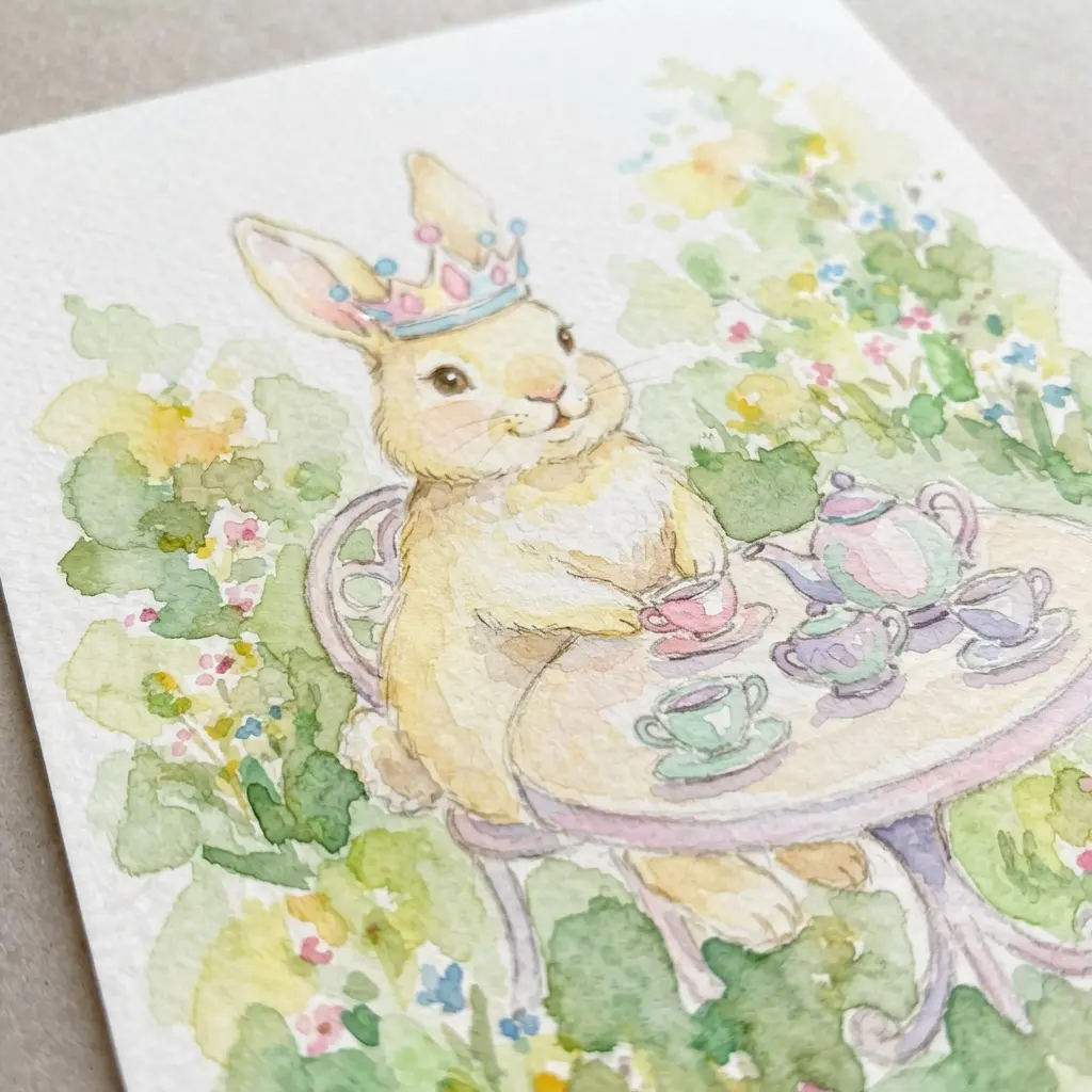 A crowned rabbit sitting at a tiny table in a garden, painted with simple watercolor shapes for flowers and teacups.